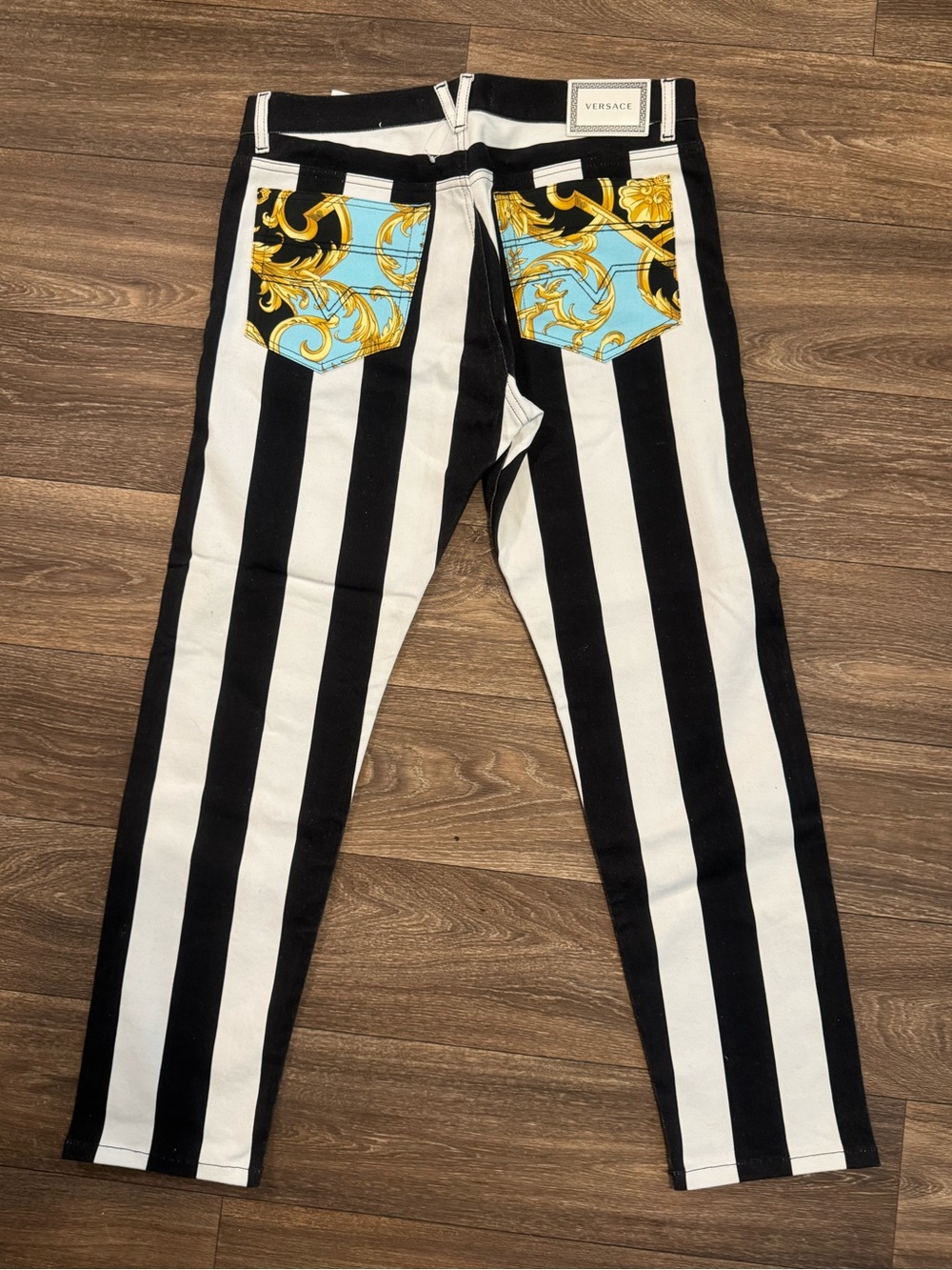 Versace FW19 NWT Black & White Striped Jeans with Blue and Gold Baroque Pockets